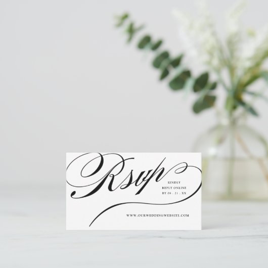 RSVP Elegant Black Script Online Reply Insert Plaatskaartje (Staand voorkant)