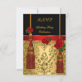 RSVP Elegant Damask Black Red Gold Birthday Party Kaart (Voorkant)