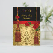 RSVP Elegant Damask Black Red Gold Birthday Party Kaart (Staand voorkant)