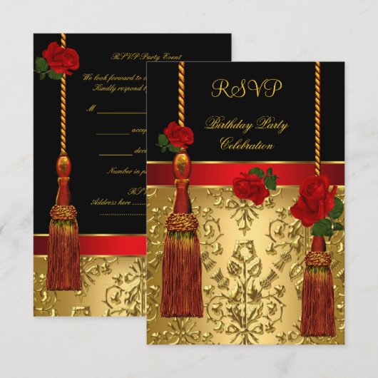 RSVP Elegant Damask Black Red Gold Birthday Party Kaart (Voorkant / Achterkant)