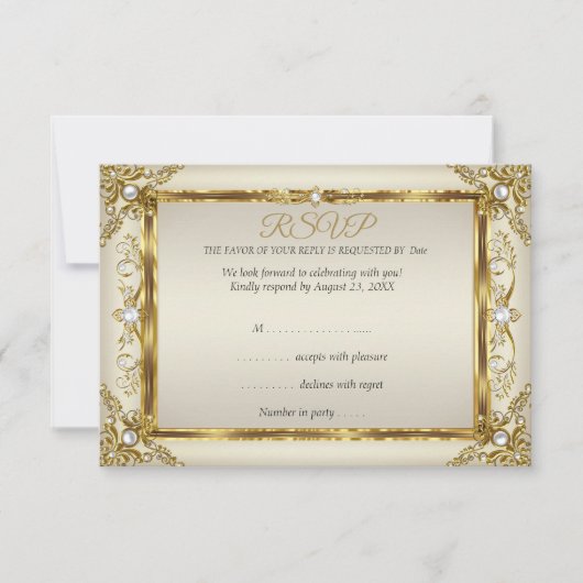 RSVP Elegant Gold Cream Pearl Damask Birthday Kaart (Voorkant)