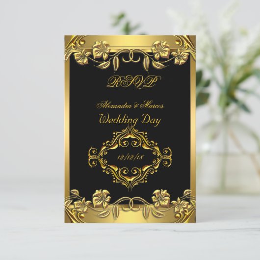 RSVP Elegant Huwelijk  Bloemen Zwart Goud (Staand voorkant)