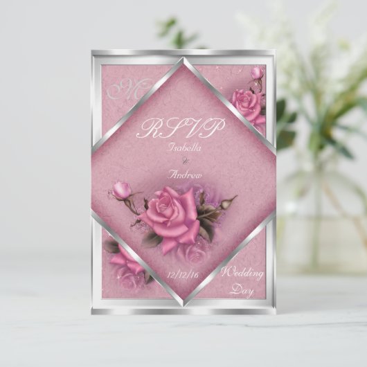 RSVP Elegant Huwelijk Roze Rose Zilver Boeket (Staand voorkant)
