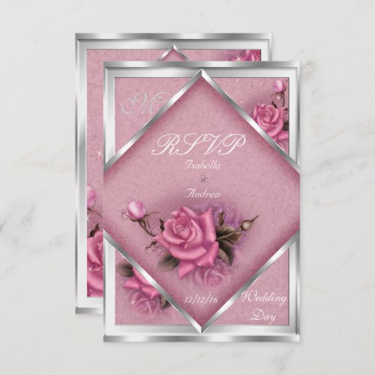 RSVP Elegant Huwelijk Roze Rose Zilver Boeket (Voorkant / Achterkant)