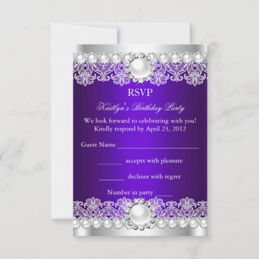 RSVP Elegant Royal Paars Lace Pearl Birthday Kaart (Voorkant)