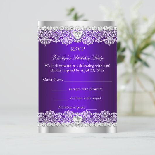 RSVP Elegant Royal Paarse kant zijde verjaardagsfe (Staand voorkant)