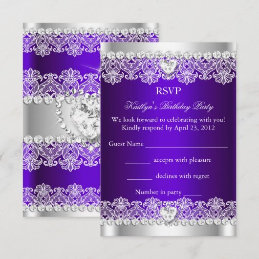 RSVP Elegant Royal Paarse kant zijde verjaardagsfe (Voorkant / Achterkant)