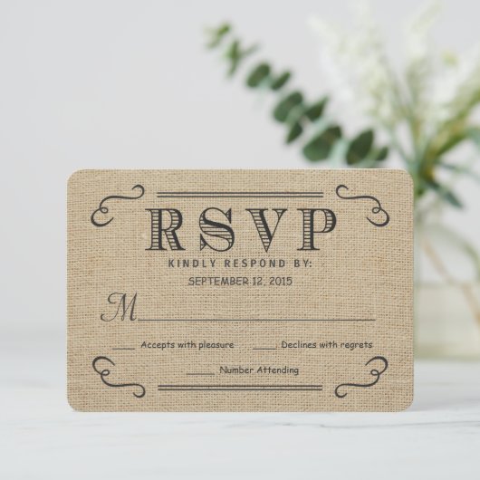 RSVP Elegant Rustic Burlap Wedding Reply Cards (Staand voorkant)