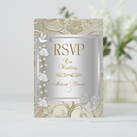 RSVP Elegant Trouwgoud Zilver Witte Duif Damast (Staand voorkant)