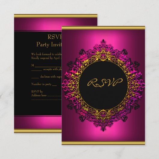 RSVP Elegant Verjaardagsfeest Donkerroze Zwart Gou (Voorkant / Achterkant)