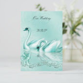 RSVP Elegant Wedding Blauwgroen Blue Aqua Swans He Kaart (Staand voorkant)
