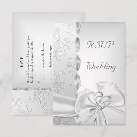 Rsvp Elegant Wedding Floral Silver White Bow Heart Kaart (Voorkant / Achterkant)