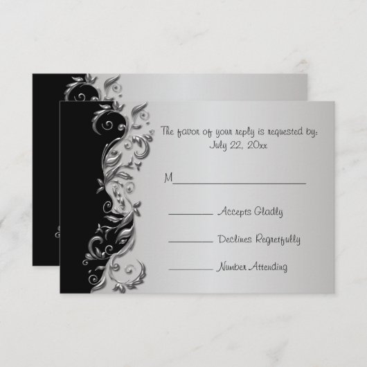 RSVP Elegant Zwart en Zilver Bloemen Bruiloft (Voorkant / Achterkant)