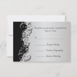 RSVP Elegant Zwart en Zilver Bloemen Bruiloft Kaartje