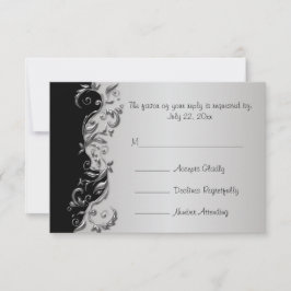 RSVP Elegant Zwart en Zilver Bloemen Bruiloft Kaartje