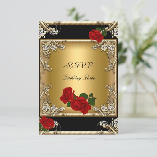 RSVP Elegante 50e Verjaardag Zwart Goud Rood Roos (Staand voorkant)
