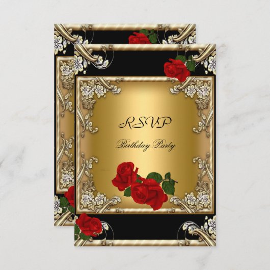 RSVP Elegante 50e Verjaardag Zwart Goud Rood Roos (Voorkant / Achterkant)