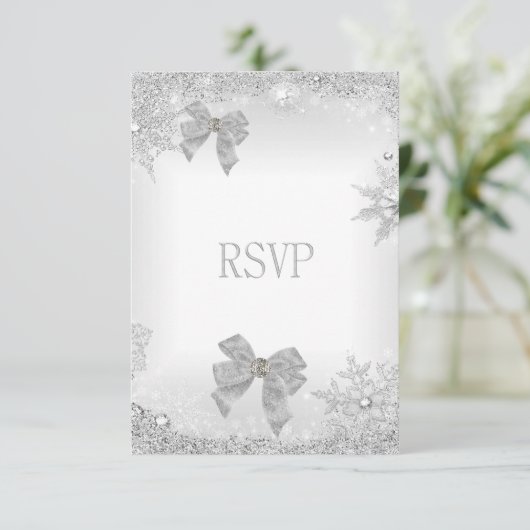 RSVP Elegante Huwelijksglitter Zilver Witte Bow Se (Staand voorkant)