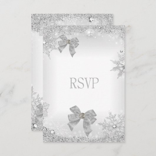 RSVP Elegante Huwelijksglitter Zilver Witte Bow Se (Voorkant / Achterkant)