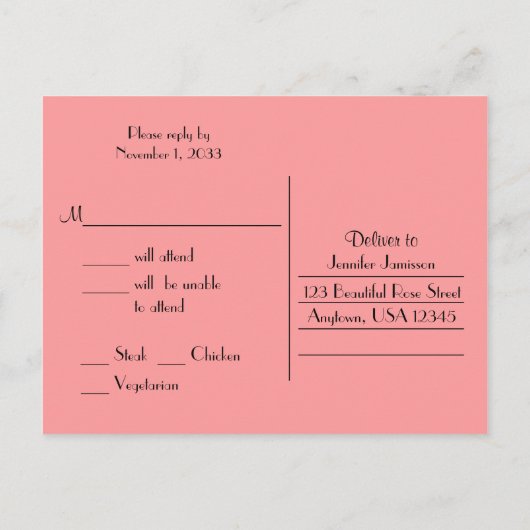 RSVP, Elegante Koraal Roze Rose Bloemen Uitnodiging Briefkaart (Achterkant)