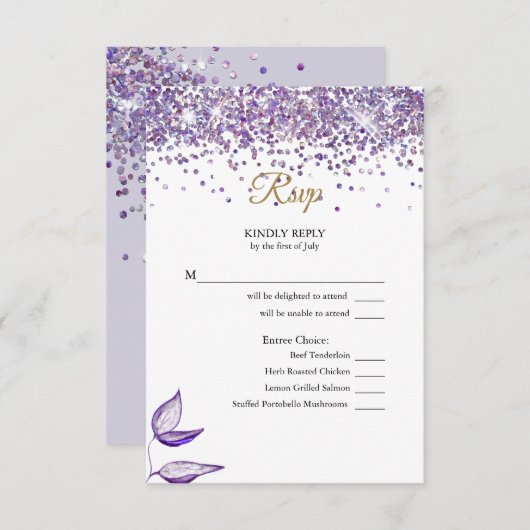 RSVP Elegante Paarse Glitter en Bladerwerk (Voorkant / Achterkant)