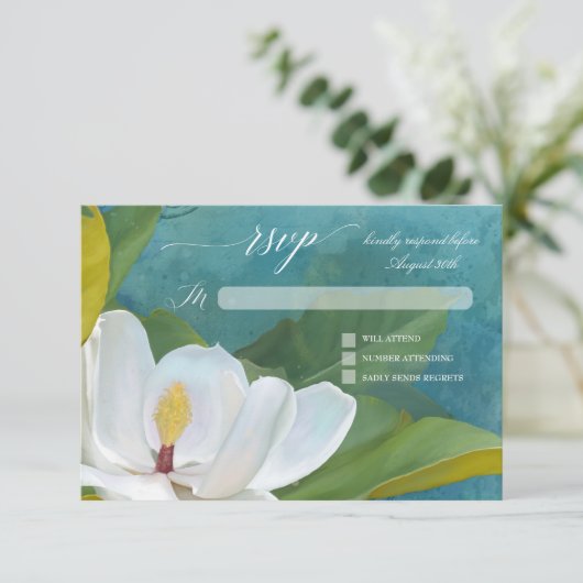 RSVP Elegante Romantische Magnolia Bloementypograf (Staand voorkant)