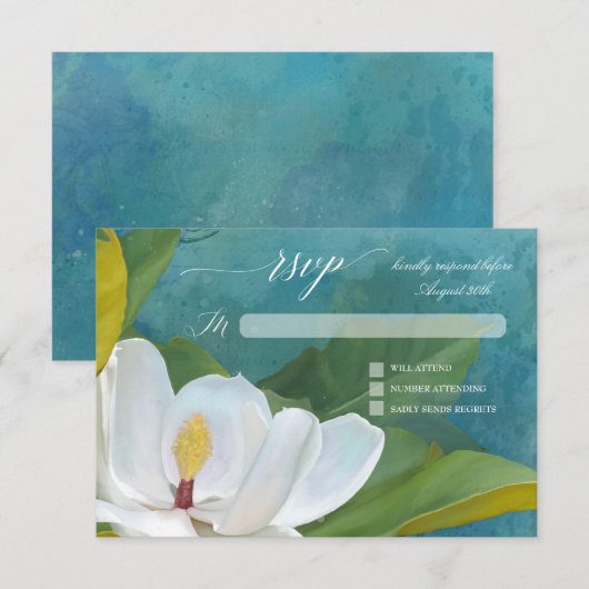 RSVP Elegante Romantische Magnolia Bloementypograf (Voorkant / Achterkant)