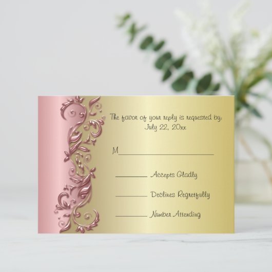 RSVP Elegante Roze Mauve & Goud Florida bruiloft (Staand voorkant)