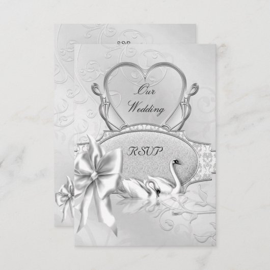 RSVP Elegante Trouw Zilver Witte Zwanen Hart Boog (Voorkant / Achterkant)