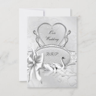 RSVP Elegante Trouw Zilver Witte Zwanen Hart Boog Kaartje
