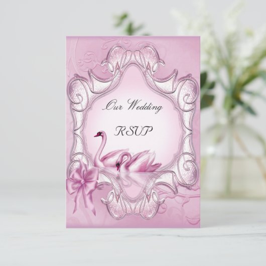 RSVP Elegante Trouwdag Roze Zwanen Hart (Staand voorkant)