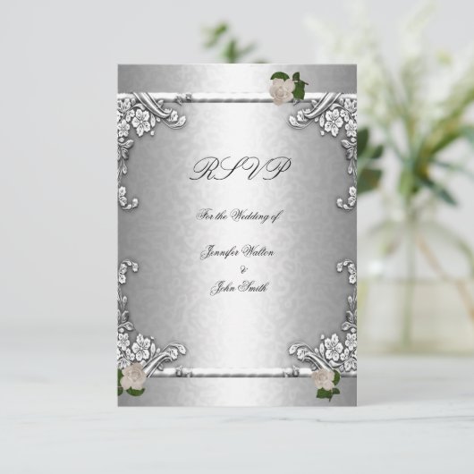 RSVP Elegante Trouwroos Zilver Wit Kaart (Staand voorkant)