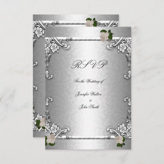 RSVP Elegante Trouwroos Zilver Wit Kaart (Voorkant / Achterkant)