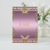 RSVP Elegante Verjaardag Roze Gouden Vlinder (Staand voorkant)