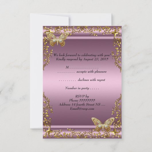 RSVP Elegante Verjaardag Roze Gouden Vlinder (Achterkant)