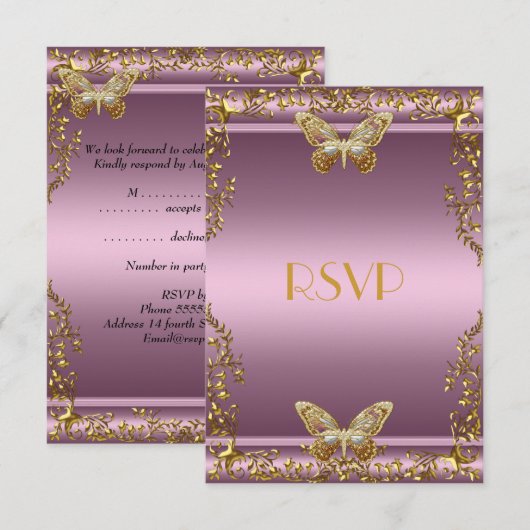 RSVP Elegante Verjaardag Roze Gouden Vlinder (Voorkant / Achterkant)