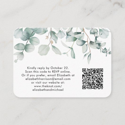 RSVP Eucalyptus Waterverf QR Code Weddenschap Informatiekaartje (Achterkant)