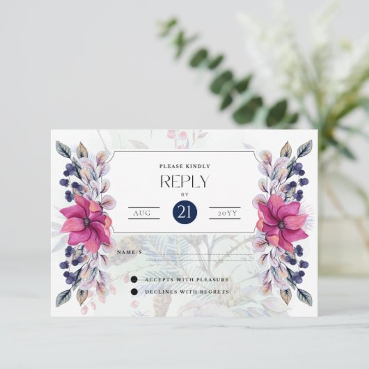 RSVP Fuchsia Roze Navy Blauwe Bloem Elegant (Staand voorkant)