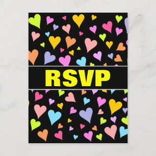 "RSVP" + Fun, liefdevol, kleurrijk hartenpatroon Uitnodiging Briefkaart