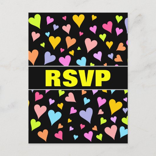 "RSVP" + Fun, liefdevol, kleurrijk hartenpatroon Uitnodiging Briefkaart (Voorkant)