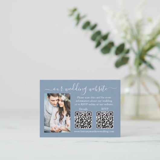 RSVP-gegevens over bruiloft foto 2 QR Dusty Blue Informatiekaartje (Staand voorkant)