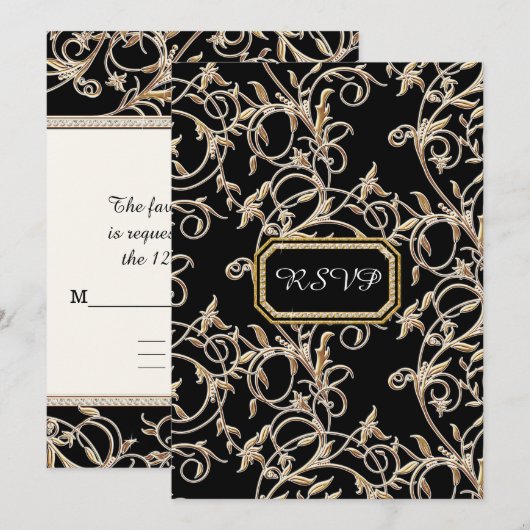 RSVP Glam Old Hollywood Regency Black Wedding Kaart (Voorkant / Achterkant)
