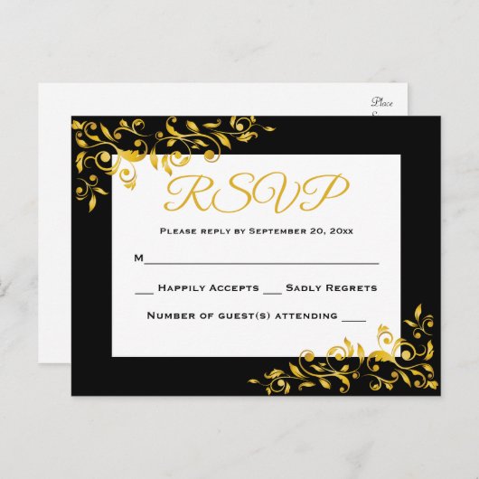 RSVP Gold & Black Floral Swirl Response - Geen men Uitnodiging Briefkaart (Voorkant / Achterkant)