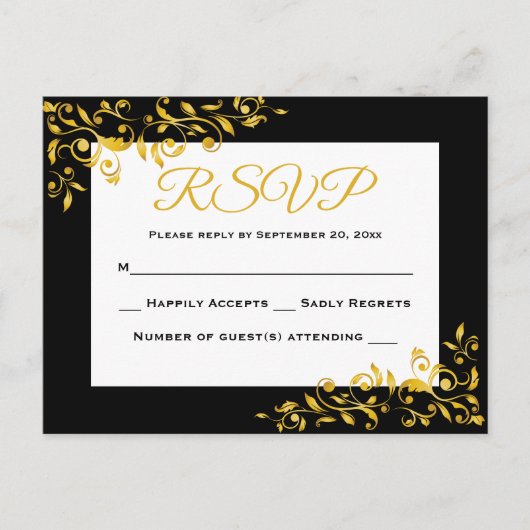 RSVP Gold & Black Floral Swirl Response - Geen men Uitnodiging Briefkaart (Voorkant)