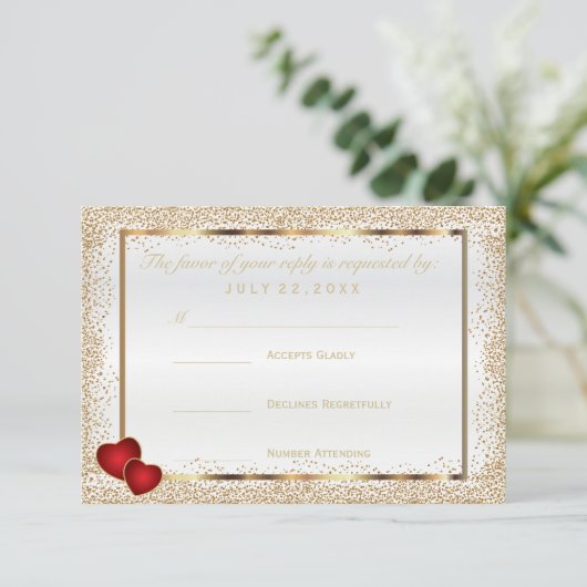 RSVP Gold Confetti en White Satin Kaartje (Staand voorkant)
