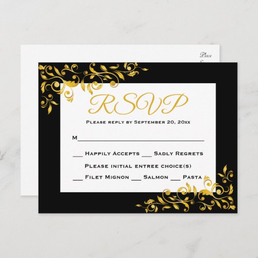 RSVP Gold en Black Floral Swirl Response Kaart (Voorkant / Achterkant)