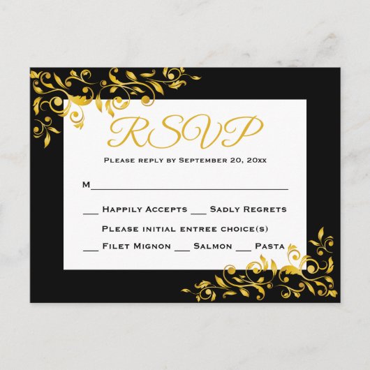 RSVP Gold en Black Floral Swirl Response Kaart (Voorkant)