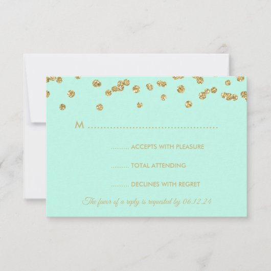 RSVP Gold Faux Glitter Confetti Mint Green Kaartje (Voorkant)