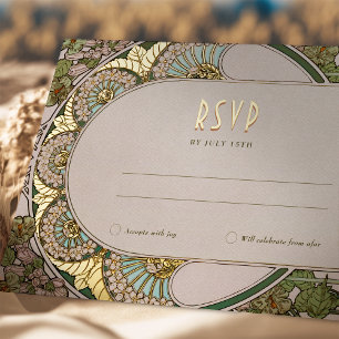 RSVP Gold Green Reply  Art Nouveau Mucha Folie Feestdagen Briefkaart
