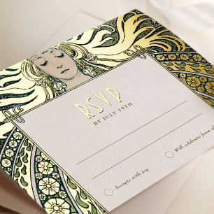 RSVP Gold Green Reply  Art Nouveau Mucha Folie Feestdagen Briefkaart